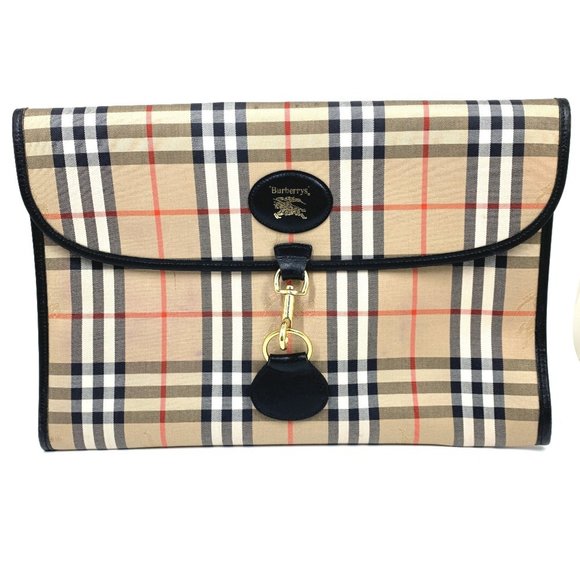 BURBERRY Logo Check Pouch Clutch Bag in Canvas/Leather, Unisex, Beige - Picture 1 of 10